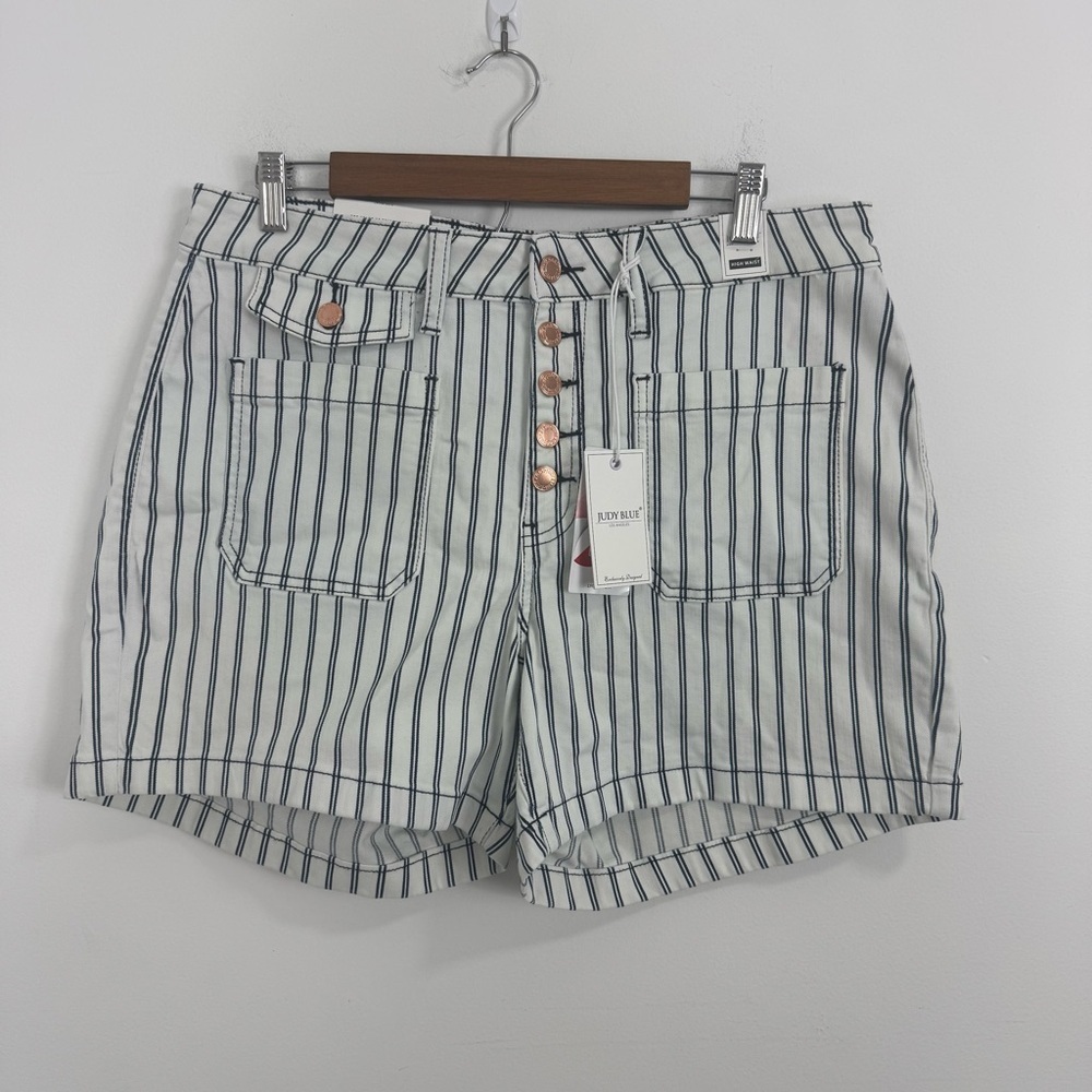JUDY BLUE Striped High-Waisted Blue Women's Shorts Size 1X - Picture 2 of 13